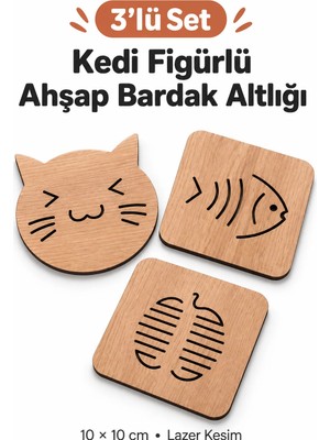 212toyzz 3'lü Kedi Figürlü Ahşap Bardak Altlığı Dekoratif Ev,mutfak,ofis Aksesuarı Seti