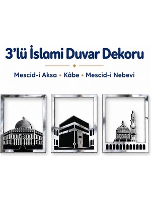 212toyzz Gümüş Renk Mescid-I Aksa, Mescid-I Haram ve Mescid-I Nebevi 3'lü Kare Duvar Dekoru Seti – Islami Ev ve Ofis Dekorasyonu