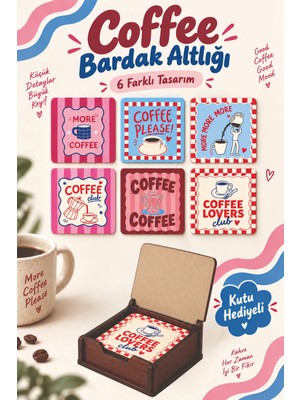 212toyzz 6'lı Mdf Bardak Altlığı Seti Saklama Kutulu Retro Coffe Time Temalı Renkli Desenli Dekoratif Bardak Altlığı Kutu Hediyeli