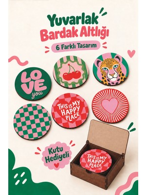 212toyzz 6'lı Mdf Bardak Altlığı Seti Saklama Kutulu Pop Art Retro Desenli Dekoratif Bardak Altlığı Kutu Hediyeli