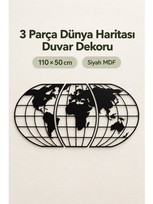 212toyzz Siyah Mdf 3 Parça Ahşap Dünya Haritası Duvar Dekoru 50X110 cm – Lazer Kesim Dekoratif Atlas Tablo, Ev Ofis ve Kafe Süsü
