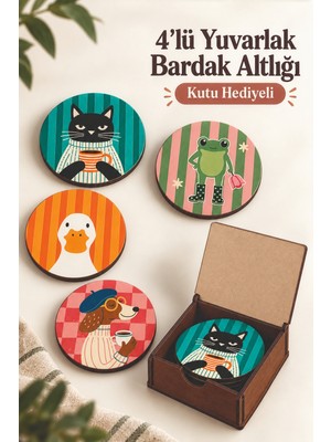 212toyzz 4'lü Mdf Bardak Altlığı Seti Saklama Kutulu Retro Hayvan Desenli Dekoratif Bardak Altlığı Kutu Hediyeli