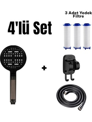 Set 6 Fonksiyonlu Filtreli Duş Başlığı +3 Adet Yedek Filtre+ 150 cm Duş Hortumu + Siyah Yapışkanlı Askı Aparatı