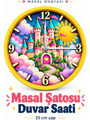212toyzz Masal Şatosu Duvar Saati – 33 cm Uv Baskılı, Sarı Çerçeveli, Prenses Şatosu Desenli Çocuk ve Kız Çocuk Odası Dekoratif Duvar Saati