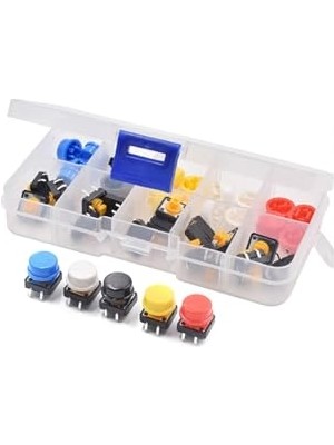 Şanal Kutulu 12X12MM 25 Adet Başlıklı Tact Buton Set 4 Pin 5 Renk Dokunmatik Anlık Basmalı Düğme DVM.101.061