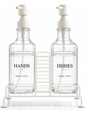 2'li Stantlı Ekru Sıvı Sabunluk Seti, Mutfak ve Banyo Için Tezgah Üstü Pompalı Sabun ve Deterjan Dispenseri, 500 ml x 2