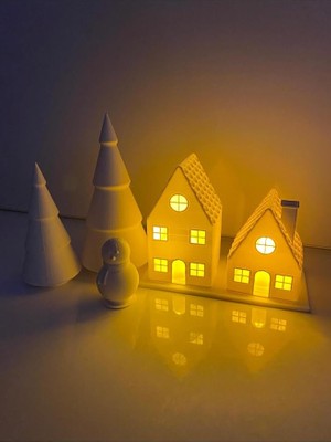 5 Li Set LED Mumlu Evler Yılbaşı Agacı ve Kardan Adam 2 Adet LED Mum Dahildir