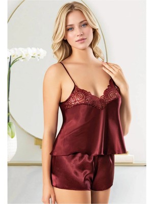 Nymora Kadın Bordo Saten Şortlu Pijama Takımı Dantel Işlemeli Askılı Ev Giyimi