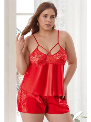 Nymora Kadın Büyük Beden Kırmızı Saten Şortlu Pijama Takımı Dantelli