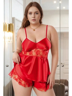 Nymora Kadın Büyük Beden Kırmızı Saten Şortlu Pijama Takımı Dantelli