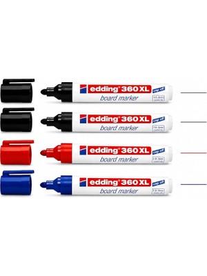 360 Xl Tahta Kalemi Seti, 4'lü (2 Siyah, 1 Mavi, 1 Kırmızı), Yuvarlak Uçlu, 1.5-3 Mm, Beyaz Tahta ve Flipchart Uyumlu, Cap-Off Teknolojisi