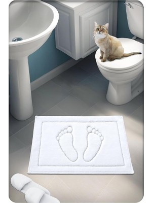 Pamuk Dokuma Su Emici Banyo Paspası Ayak Desen 60X40 cm (Beyaz)