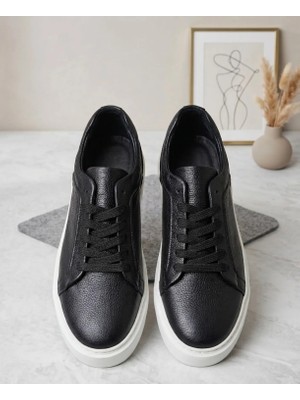 Growish GR0351 Hakiki Deri Yüksek Taban Uzun Süre Ayakta Kalmaya Uygun Beyaz EVA Taban Siyah Sneaker Ayakkabı
