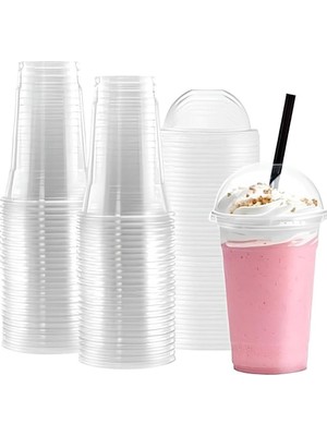 Şeffaf Bardak Kapaklı Milkshake Bardağı Kahve Bardağı Soğuk Içecek Bardağı 400ML 100 Adet