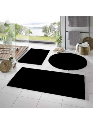 Talvora Home 3lü Banyo Halısı Peluş Post Halı Klozet Takımı Siyah 50*50 (Yuvarlak) 50*50 ve 50*70