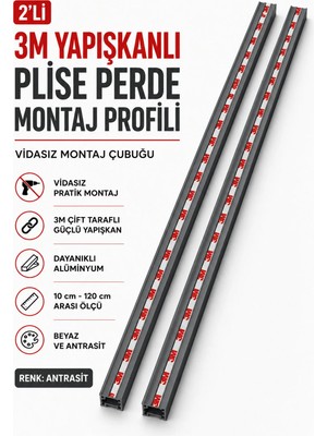 2'li 3m Yapışkanlı Plise Perde Montaj Profili Vidasız Montaj Çubuğu 10-120 cm