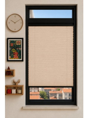 Dimout Serisi Yarı Karartma Bej Plise Perde - Katlanır Cam Balkon Perdesi - Ofis Perdesi - Mutfak Perdesi - Salon Perdesi