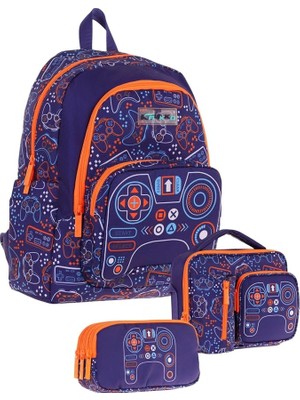 Kids Erkek Çocuk Oyun Desenli Üçlü Okul Çanta Seti(Okul Çantası+Beslenme Çantası+Kalemlik)