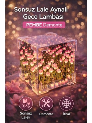 Lale Aynalı Gece Lambası, 3D Dekoratif Led, Pembe, Demonte