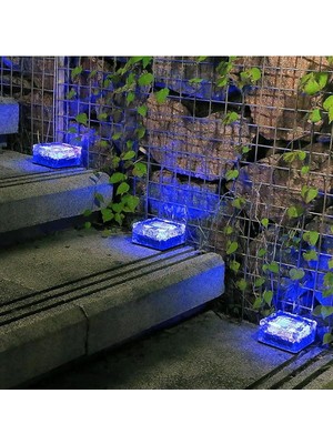Güneş Enerjili Solar Ledli Buzlu Cam Tuğla Görünümlü Mavi Renk Peyzaj Bahçe Yolu Veranda Aydınlatma