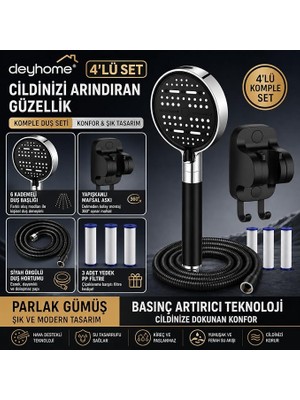 Duş Başlığı, 6 Kademeli Su Akışlı, Basınç Artırıcı, Kaymaz Silikon Kaplama, Siyah-Gümüş, Pp Filtre (4'lü Set Siyah)