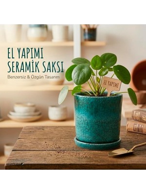 Yapımı Seramik Saksı & Altlık Seti Doğal Turkuaz Efektli – Dekoratif ve Fonksiyonel Tasarım - 10 cm