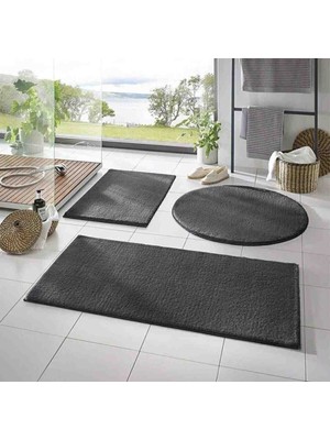 Talvora Home 3lü Banyo Halısı Peluş Post Halı Klozet Takımı Koyu Gri 50*50(Yuvarlak) 50*50VE50*70