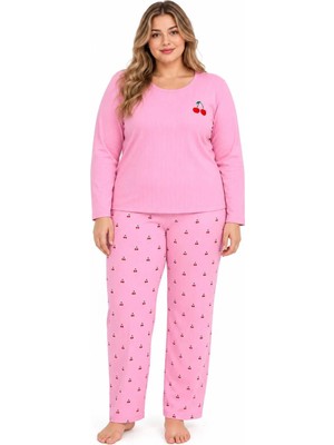 Sleeproom Büyük Beden Interlok Şardonlu Kadın Kiraz Desen Pembe Pijama Takımı