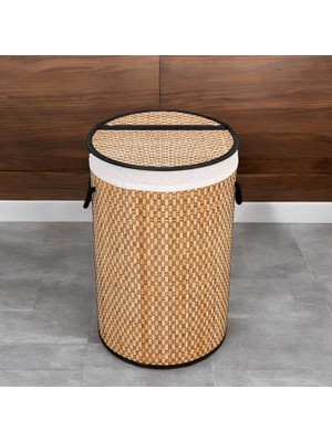 El Yapımı Hasır Katlanır Çamaşır Sepeti Yuvarlak 55 Litre (35CM*35CM*61CM), Doğal Malzemeden Üretilmiş Çamaşırlık (Natural)