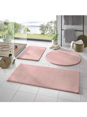 Talvora Home 3lü Banyo Paspası Peluş Post Halı Klozet Takimi Pembe 50*50(Yuvarlak) 50*50VE50*70