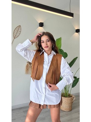 Maxi Modena Püskül Detaylı Modern Yelek – Güçlü ve Özgür Stil-Taba - Taba