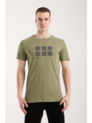 Maxi Modena Erkek Minimal Grafik Detaylı Rahat T-Shirt - Haki