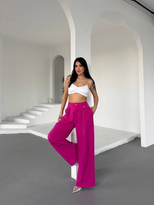 Maxi Modena Yüksek Bel Bol Paça Dökümlü Kumaş Pantolon-Pembe - Pembe