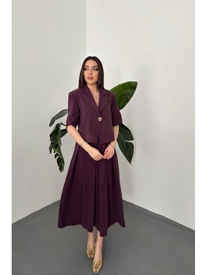 Maxi Modena Mürdüm Tek Düğmeli Kısa Ceket ve Etek Takım - Mürdüm