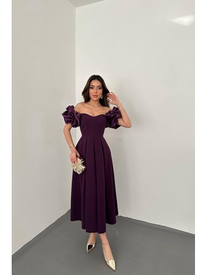 Maxi Modena Mor Kolları Balon Pileli Atlas Elbise - Mor