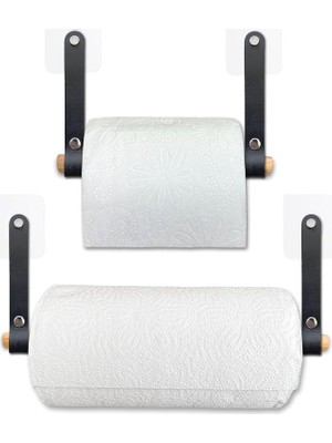 Ahşap & Deri Tuvalet Kağıtlığı ve Kağıt Havluluk | Banyo Peçetelik, Wc Kağıtlık, Dolap Altı Havlu Askısı (Siyah, 2'li Set)