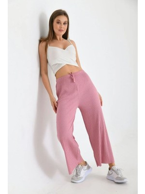 Maxi Modena Fitilli Dokulu Beli Lastikli Rahat Ev Pantolonu - Pembe