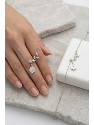 Papatya Silver 925 Ayar Gümüş Zarif Nilüfer Çiçeği Lotus Kolye Bileklik Set