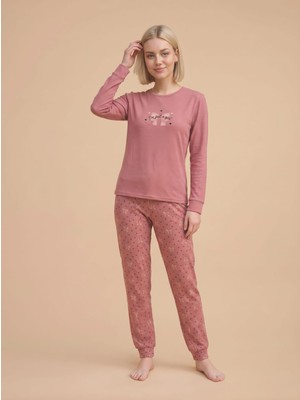 Wordex Fawn 6000 Interlok Fiyonk Desenli Kışlık Ev Kadın Pijama Takımı
