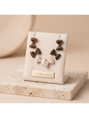 Jewelry Vıp Seri 316L Çelik Gold Renk Renkli Mineli Fiyonk Figürlü Çoklu Küpe Seti 1,2 cm