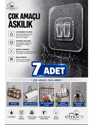Emoev 7 Adet Kapı Duvar Askısı, Kendinden Yapışkanlı Şeffaf Askı, Güçlü Kapı Askısı, 6X6CM