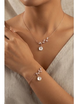 Papatya Silver 925 Ayar Gümüş Zarif Sedef Lotus Kolye Bileklik Set