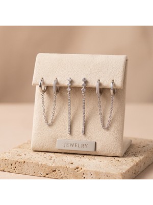 Jewelry Vıp Seri 316L Çelik Gümüş Renk Zincir Bağlantılı ve Su Yolu Sallantılı Çoklu Küpe Seti
