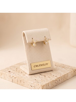 cm Jewelry Vıp Seri 316L Çelik Gold Renk Zirkon Taşlı Fiyonk Halka Küpe 1 cm