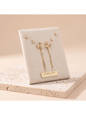 Jewelry Vıp Seri 316L Çelik Gold Renk Zirkon Taşlı Çiçek Figürlü Zincir Sallantılı Çoklu Küpe Seti