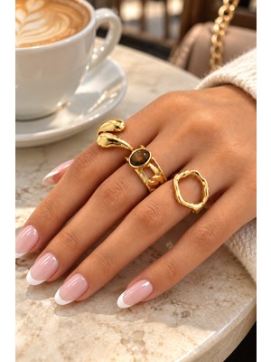 Trend Collection 3' Lü Gold Ayarlanabilir Yüzük Seti - Vintage Kadın Yüzük Seti