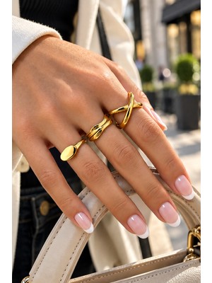 Trend Collection 3'lü Gold Renk Modern ve Vintage Esintili Kadın Yüzük Seti