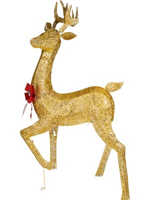 Herdekora Yılbaşı Süsü, Geyik, Gold - Metal, Işıklı, Simli, Kırmızı Fiyonklu, 8