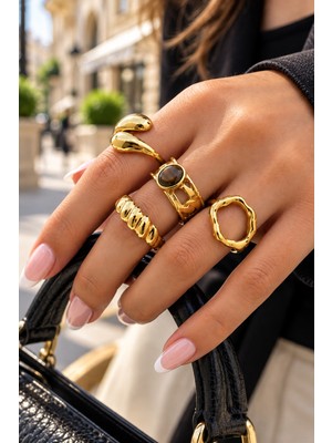 Trend Collection 4'lü Gold Renk Kahverengi Taşlı Şık Kadın Yüzük Seti