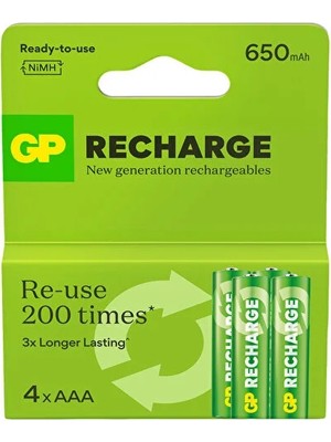 GP Recharge 650 Mah Aaa Ni-Mh Şarjlı Kalem Pil 1.2V - 4'lü Kart